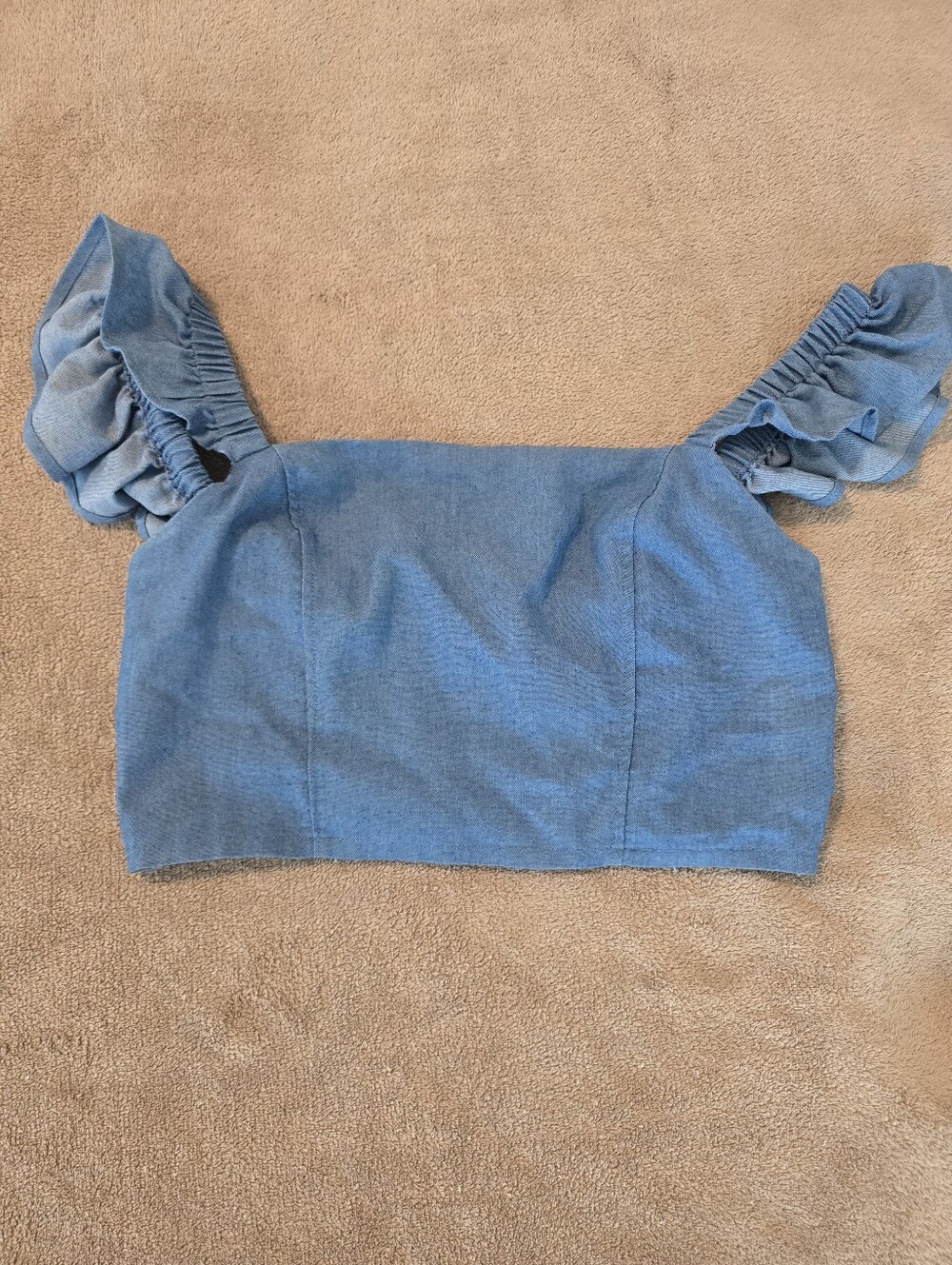 Denim-Look Ruffle Sleeve Crop Top - Blue